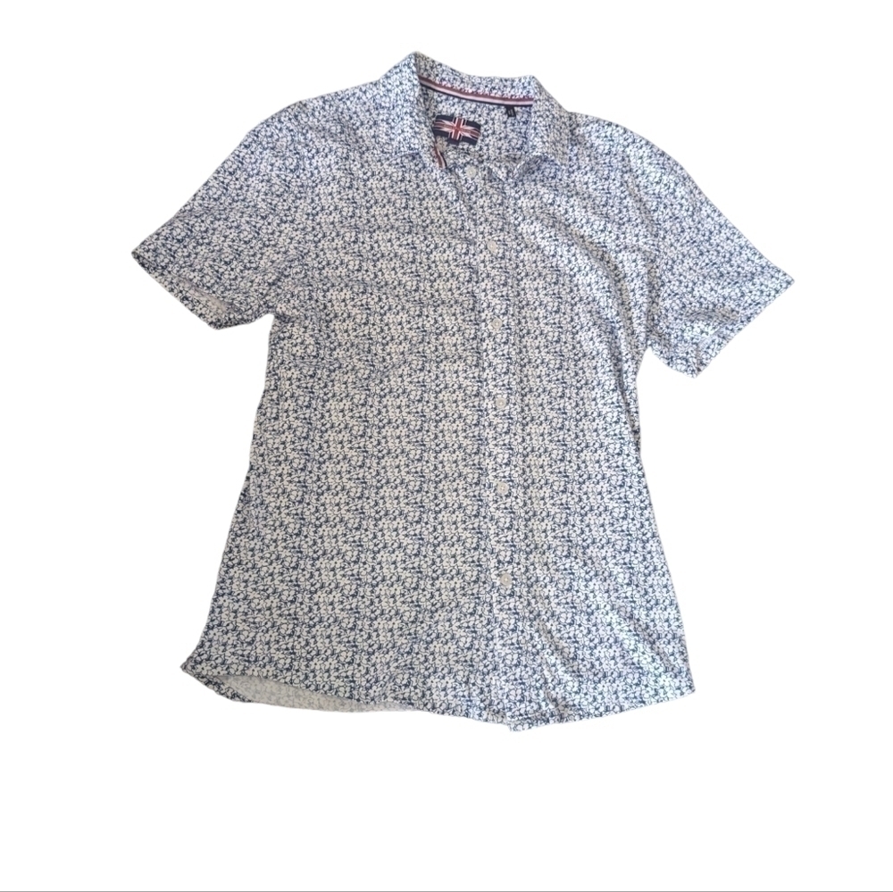 Men's Soul Of London Blue & White Floral Short Sleeve Polo Shirt- Size Medium